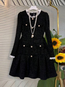 plus Size Womens Patchwork Collar Long Sleeve Dress French Design Sensation Mature Style Fat Sister Fashionable Skirt