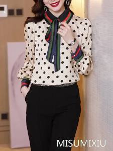 223MISUMIXIU 2025 Spring New Mulberry Silk Bowknot Neck Blouse for Women Korean Style Wave Point Shirt Long Sleeve Fashion Temperament Tops Lady