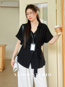 Professional Breathable V-Neck Waist Cinched Shirt Short Sleeves