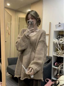 Idle Style Korean Style Coffee Color V-neck Sweater: A Gentle & All-Match New Arrival