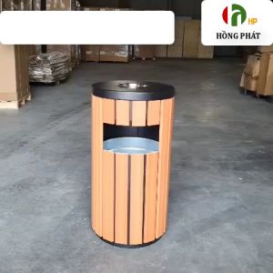 Thùng rác ngoài trời Hồng Phát VHP-YS-HPC-46 gỗ nhựa tròn thép phun sơn tĩnh điện cao cấp