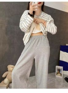Spring and Autumn New Ladies with Chest Pads Long-Sleeved Long Pants Pajamas Girls Simple Leisure Loose Student Pajamas Homewear