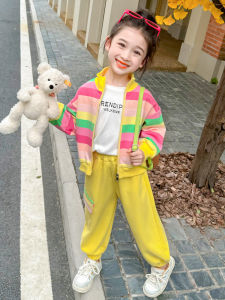 ชุดกีฬาลายทางสตรีทสไตล์เกาหลีสำหรับเด็กผู้หญิง ชุดสองชิ้น แจ็คเก็ตสเวตเตอร์มีซิป กางเกงขายาว แขนยาว คอตั้ง