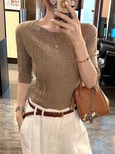 YUANYA | Jacquard Knit Slim Fitting Half Sleeve T-shirt