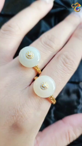 Premium Grade Donut Ping An Kou Nephrite Jade Gold Full S925 Silver Adjustable Ring