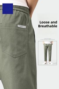 ROMON | Lormen Summer Thin Mens Casual Loose Fit Straight Leg Sporty Long Pants Elastic Nine-Tenths Trendy Cotton Blend Youthful