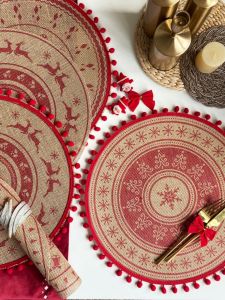 INS Style Christmas Placemat Jute round Shooting Props Fur Ball Retro Table Coaster Heat Insulation Decoration Vase Mat