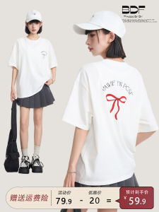 Áo Thun Cotton Tay Ngắn in Nơ Bướm Trắng Mùa Hè Rộng Rãi Cho Nữ Áo Thun Cotton Nguyên Chất Tay Lửng Cổ Tròn Dáng Thường