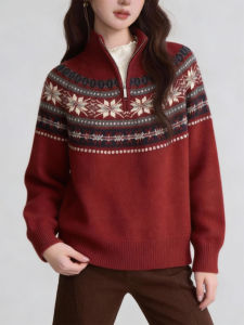 QINGNAER | Fair Isle Jacquard Color Block Half Zip High Neck Long Sleeve Sweater