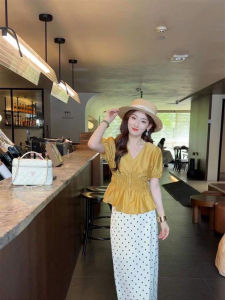 YUFUQING | French V-neck Shirt Set Womens Summer New High Waist Polka Dot Half Skirt Two-piece Set Waist-cinching Polyester Fiber