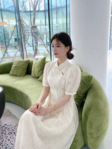 Summer 2025 New Chinese Style Qipao Dress Stand Collar Gown Vintage Mid-Length Waist-Cinching Short Sleeve Button Detail