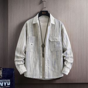 Pure Cotton Long Sleeve Casual Shirt Mens Hong Kong Style Loose Fit Striped Shirt Handsome Versatile Workwear Jacket