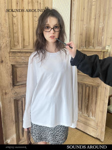 เสื้อยืดแขนยาวคอตตอนเนื้อยาว ทรงหลวม สไตล์ลำลอง สำหรับผู้หญิง อายุ 25-29 ปี ฤดูใบไม้ผลิ 2025 เสื้อยืดคอกลมลายคลาสสิก SOUNDS around