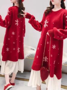 Mid Length Long Length Knitted Sweater Dress Female Autumn and Winter Plus Size Fat Sister Flab Hiding Loose and Lazy Style Red Dress Female