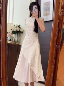 Chinese Style Gentle Retro Cheongsam Dress Womens Summer New Arrival Buckle Flying Sleeve Asymmetrical Embroider Long Dress