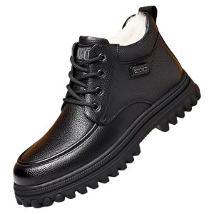 Mens Winter Fleece Lined Warm Cotton Leather Shoes Thick Wool Insulated Soft Bottom Anti-Slip Dad Shoes Casual High Tops