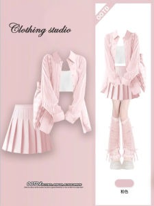 Anti-Aging Summer Outfit Womens Elegant Sun Protection Inner Wear Pink Slimming Pleated Mini Skirt Three-Piece Set