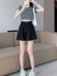Quần Short Sequin Mỏng Màu Đen Cho Nữ Mùa Hè Quần Dài Ống Rộng Cỡ Lớn Quần Thường Co Giãn Năm Điểm