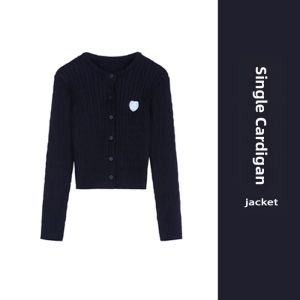 YUEZHONGWEI | Knit Cardigan Petite Blue Embroidered Round Neck Slim Fit
