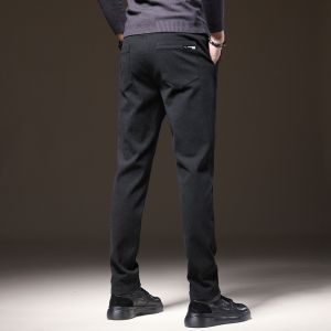 ROMON | Romon Mens Fleece Lined Slim Fit Casual Pants Winter Fashion Thickened Brushed Elastic Straight Leg Long Trousers