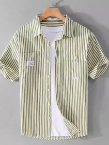 Áo Sơ Mi Nam Tay Ngắn Mùa Hè Kẻ Sọc Đôi Túi Rộng Đa Năng Đơn Giản Cổ Điển Trẻ Trung Vòng Bảo Vệ Sức Khỏe
