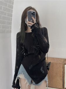 Black Hollow out Knitted Top Womens Spring New Design Sensation Sunscreen Bottom Thin Split Covering Womens Top