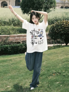 เสื้อยืดแขนสั้นผู้หญิง สีขาว ทรงหลวม คอกลม ผ้าฝ้ายแท้ แฟชั่นฤดูร้อน เสื้อยืดแขนกุด สไตล์เกาหลี ผ้าฝ้ายแท้ 100%