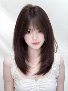 REAL ME | Full-head Womens Human Hair Wigs with Air Bangs and Layered Medium-length Style Natural Look