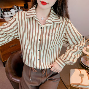 เสื้อเชิ้ตคอโปโลแขนยาวลายทางสไตล์ฝรั่งเศสสำหรับผู้หญิง ฤดูใบไม้ผลิ 2025 เสื้อเชิ้ตทรงสั้นทรงเข้ารูปสไตล์ใหม่สำหรับผู้หญิง