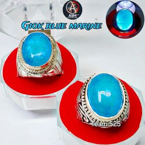 Cincin Giok Biru Blue Kristal Tembus Plong Cina Burma Asli Pria Wanita Dim 18x13