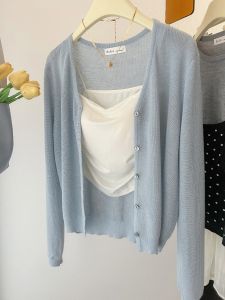Blue V-Neck Ice Silk Knitted Cardigan Slim Fit Womens Summer Outerwear Shoulder Pad Sun Protection Top Korean Style Commute