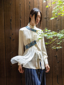 Vintage Embroidery Irregular Long Sleeve Silk Panel Womens Shirt