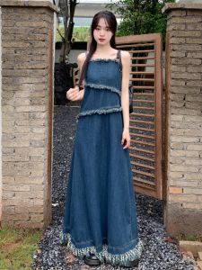 Spring and Summer Stylish Niche Style Covering Belly Thin Retro Hong Kong Style Denim Sling Dress Plus Size Tassle Fashion Long Dress