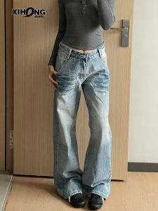 Quần Jeans Ống Rộng Retro American Washed Cho Nữ Mùa Xuân 2025 Quần Dài Dài Đến Sàn Cạp Thấp Không Dính Dáng Thon Gọn Thường Ngày