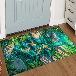 Thảm Trải Sàn Họa Tiết Ao Cá Koi Sống Động Vikama 100% Polyester Thảm Trang Trí Nhà Cửa Chống Thấm Nước Chống Phai Màu Với Thiết Kế Cá Koi & Hoa Sen
