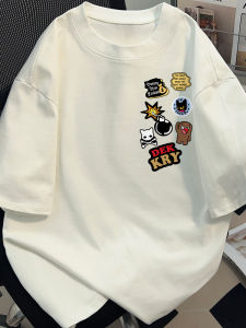 สไตล์อเมริกัน เสื้อยืดแขนสั้น ผ้าฝ้าย 100 บริสุทธิ์สำหรับผู้ชาย ฤดูร้อน INS สีขาว ลายพิมพ์สูง หลวม สไตล์คู่รัก แขนสั้น เสื้อท่อนบน