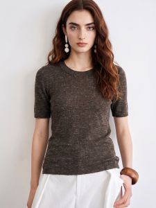 Basic House | Linen Blend Summer Thin Ice Silk Casual Short Sleeve T-Shirt Round Neck
