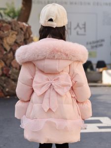 Girls Mid-Length down Jacket with Hood Thickened Winter Coat Trendy Childrens Outerwear Polyester Fiber Pure Color