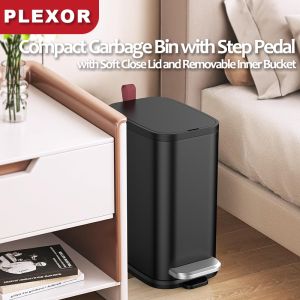 Plexor Bathroom Trash Can with Soft Close Lid 10L Foot Pedal Garbage Can with Removable Inner Bucket Stainless Steel Compact Metal Garbage Bin with Step Pedal Trash Can for Toilet Office Bedroom
