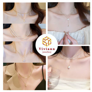 Viviann Original Design Camellia Series Double Layer Fashion Kpop Heart Pearl Choker Necklace for Women Clavicle Chain Elegant Charm Wedding Pendant Jewelry Gift Korean Necklace Pendant For Women Girl Wedding Bride Accessories