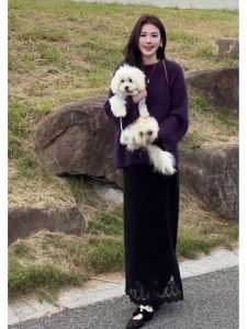 YUEZHONGWEI | Purple Soft Mohair Round Neck Pullover Thick Casual Medium-Long Sweater