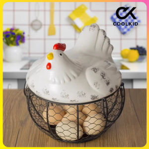 (COOLKID)Hen storage basket wrought iron blue ceramic egg basket fruit storage basket blue