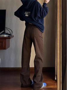 High Waist Straight Leg Coffee Color Jeans Womens Loose Slimming Floor-Length Pants Autumn New Style Cotton Stretch Denim