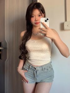 Floral Print Short Sleeve U-Neck Camisole Vest Womens Inner Wear Short Top T-Shirt Outerwear  College Style