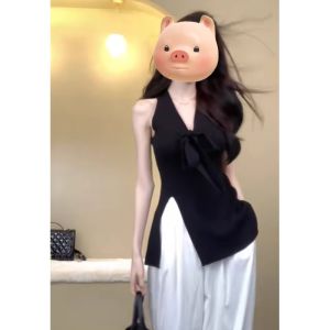 HUOLISI | Unique V-neck Bow-halter Sleeveless Top for Women