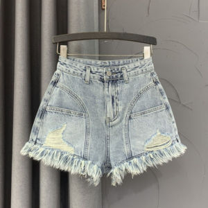 High Waist A-Line Denim Shorts with Hole Design Loose Slimming Frayed Hem Large Size Summer New Style Casual Pants for Women