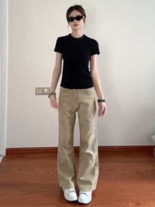 Quần Ống Rộng Ống Đứng Màu Kaki Cho Nữ Mùa Thu 2025 Quần Ống Rộng Cạp Cao Dáng Rộng Thoải Mái Bằng Vải Cotton Pha Trộn