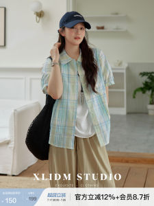 Mint Color Salt Shrink Bubble Plaid Short Sleeve Casual Womens Plus Size Shirt