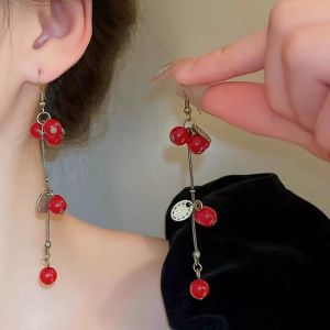 Elegant Long Red Fruit Design Womens Earrings Fashionable Vintage Alloy Jewelry Ear Hooks Plant Floral Style Korean Fashion