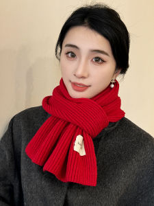 ผ้าพันคอไหมพรมถักหนาสไตล์เกาหลีสำหรับผู้หญิงในฤดูหนาว ผ้าพันคอไหมพรมสีแดงแบบอเนกประสงค์สำหรับนักเรียนและคู่รัก ผ้าพันคอไหมพรมแบบเล็ก